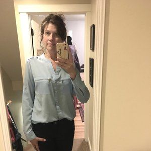 Shimmery soft blue long-sleeved CK blouse